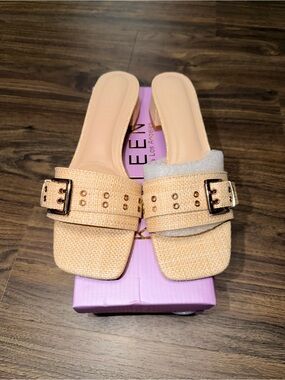 KAYLEEN By Los Angeles Woven Beige Buckle Slide Mules